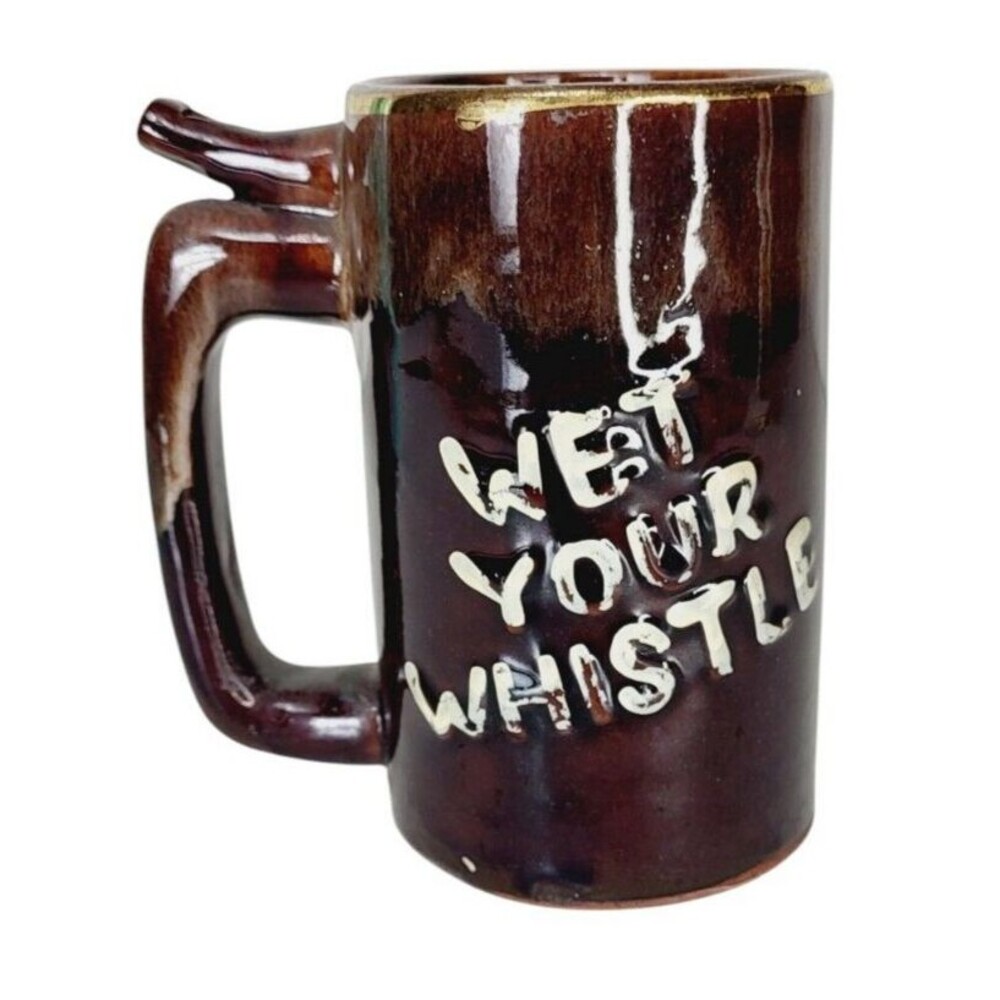 Vintage "Whistle For Your Beer" "Wet Your Whistle" Redware Beer Mug Brown Drip